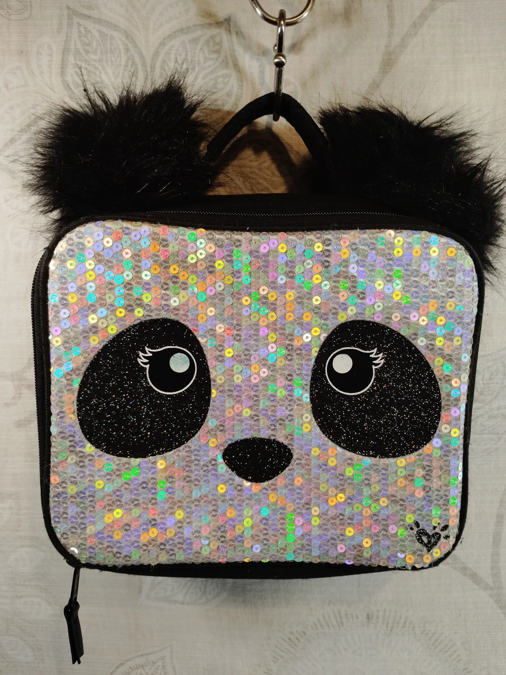 Justice Silver Sequin Panda Kids Lunch Tote Bag with Black Fur Ears